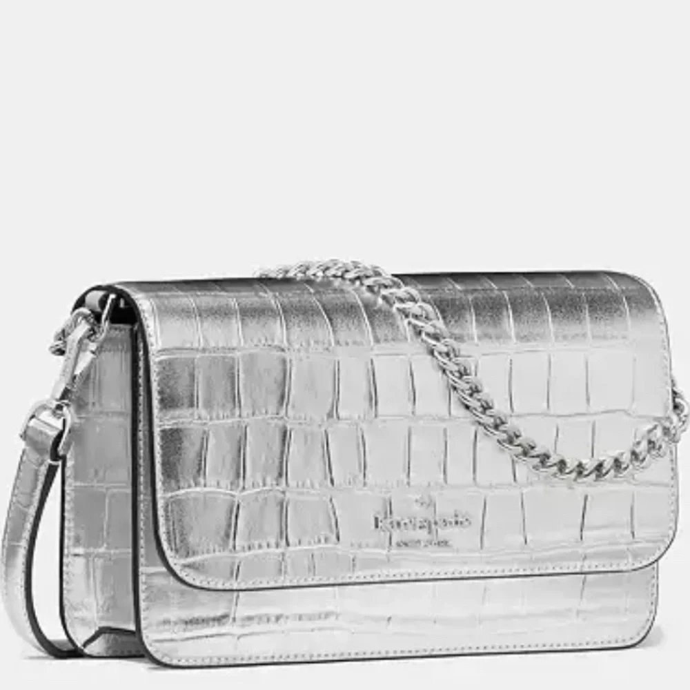 Kate Spade Madison Croc Embossed Willow Mini Flap Crossbody Silver