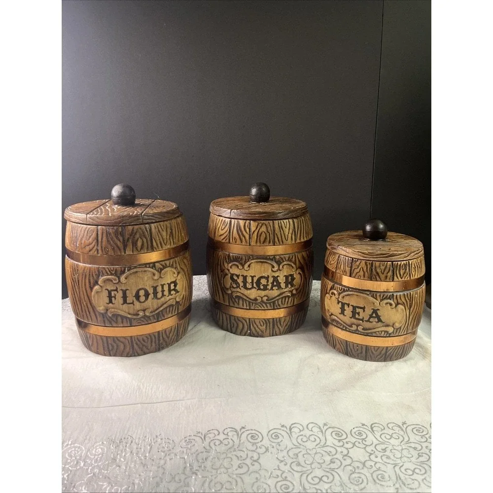 1960's Set of 3 MCM Treasure Craft Ceramic Canister Barrel Flour Sugar Tea