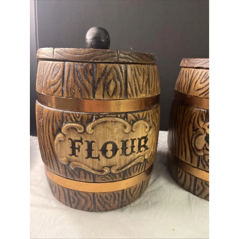 1960's Set of 3 MCM Treasure Craft Ceramic Canister Barrel Flour Sugar Tea