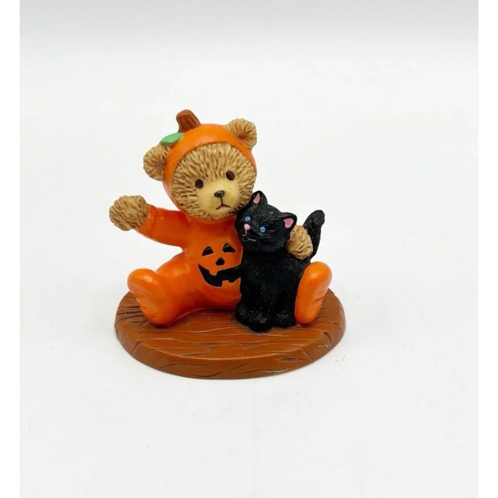 Vintage Russ Lil Haunters Teddy Bear Pumpkin Black Cat Halloween Figurine 2.75