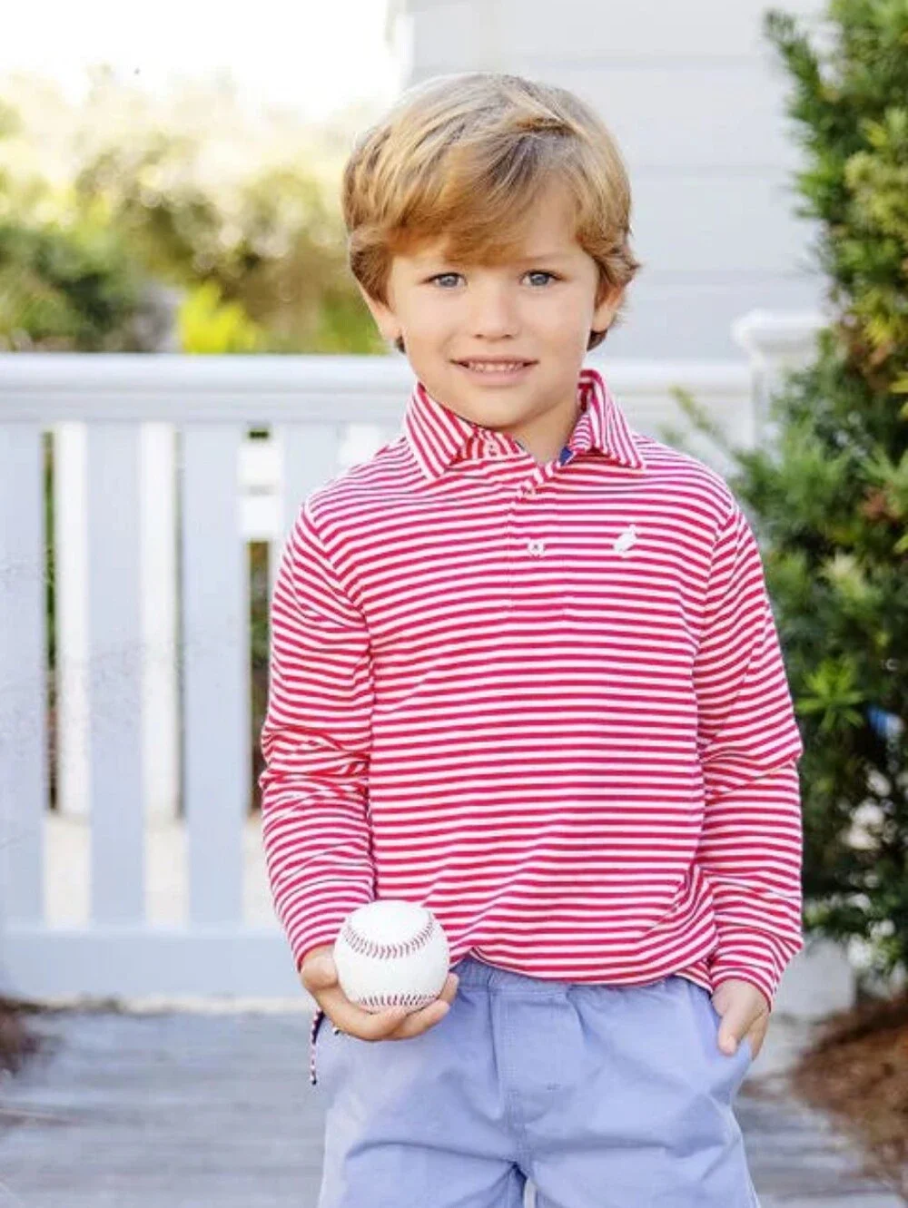 TBBC Prim & Proper Polo - Richmond Red Stripe w/ Multicolor Stork - Long Sleeve