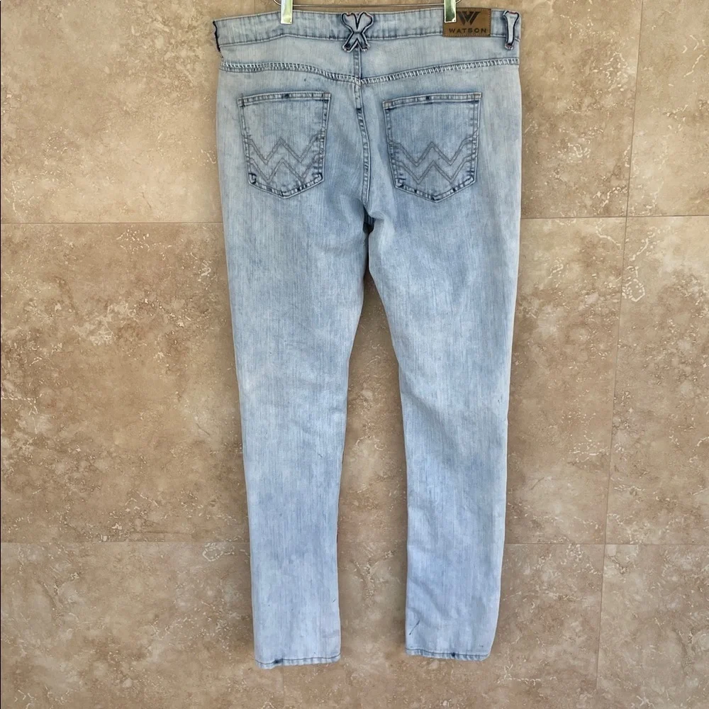 Watson Jeans Size 36 Skull Patch Distressed Punk Slogan Light Blue Graphic Denim