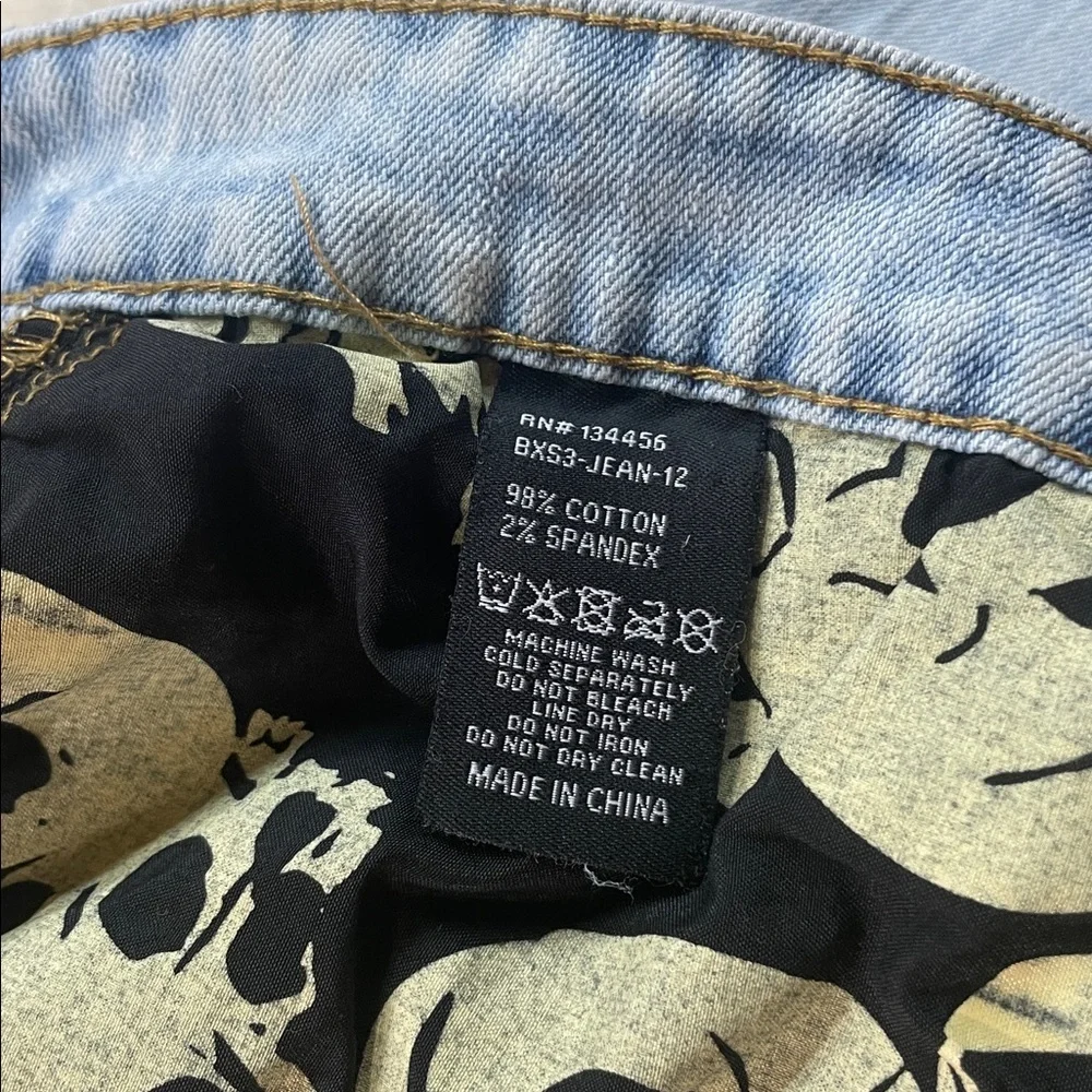 Watson Jeans Size 36 Skull Patch Distressed Punk Slogan Light Blue Graphic Denim