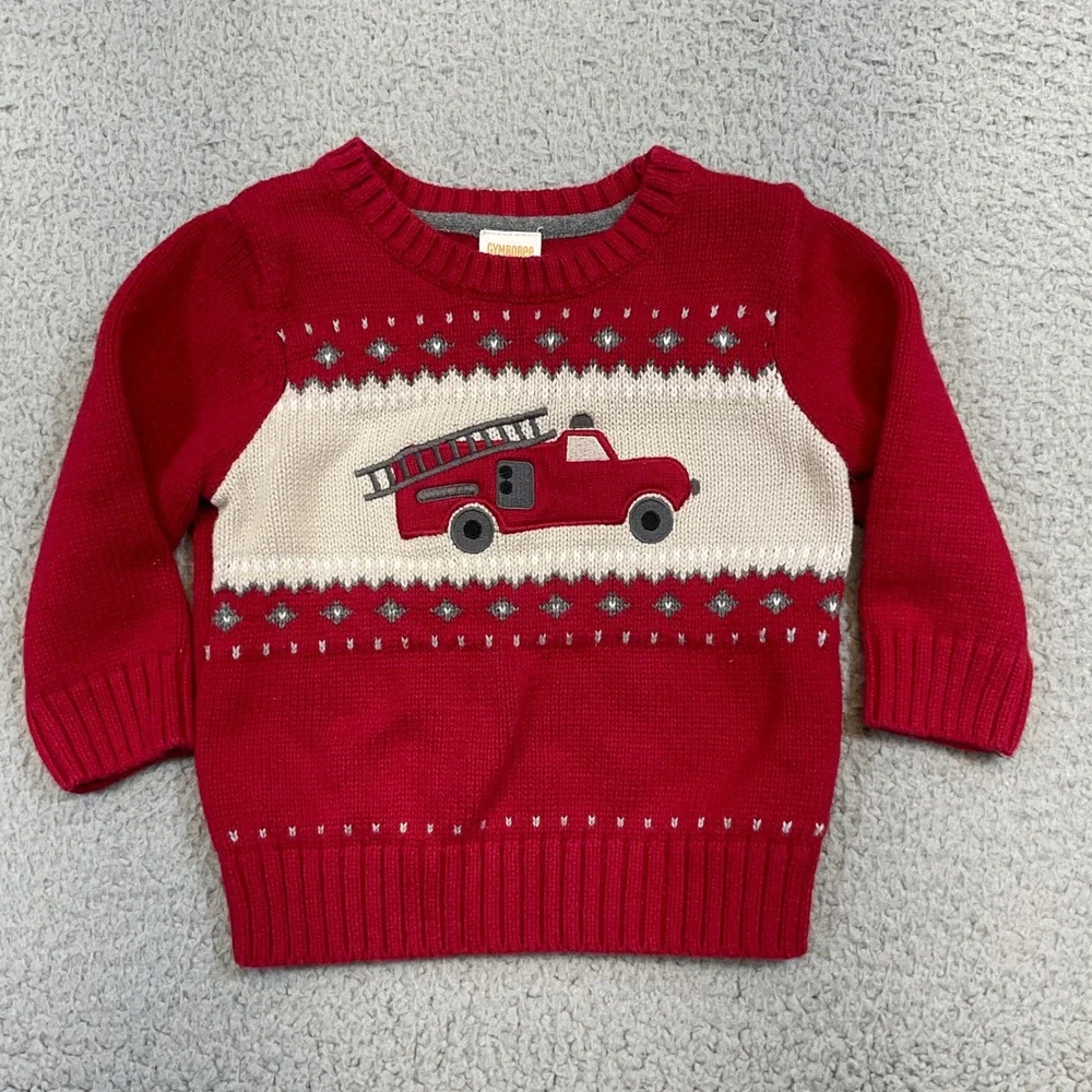 Gymboree Fire Truck Sweater Kids 12-18 Months Red Excellent Knit Pullover