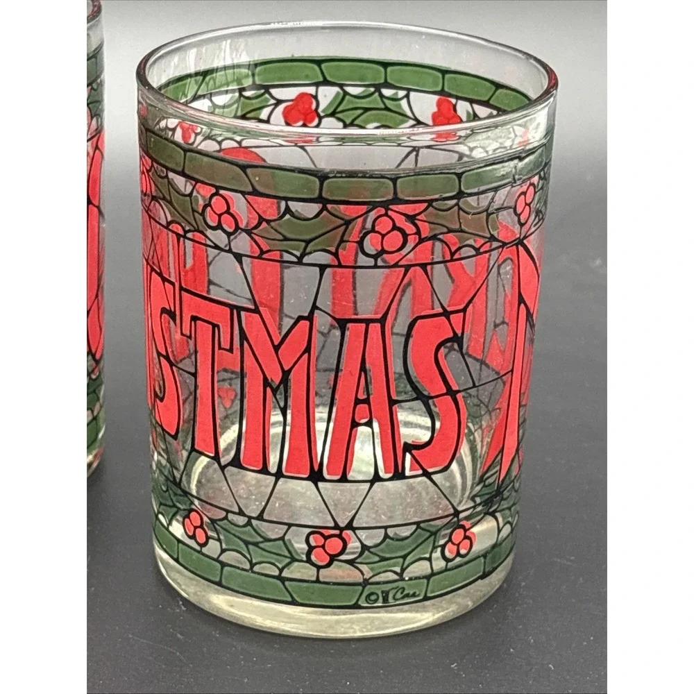 Set of 4 Vintage Cera Houze Merry Christmas Stained Glass Lowball Glasses MCM