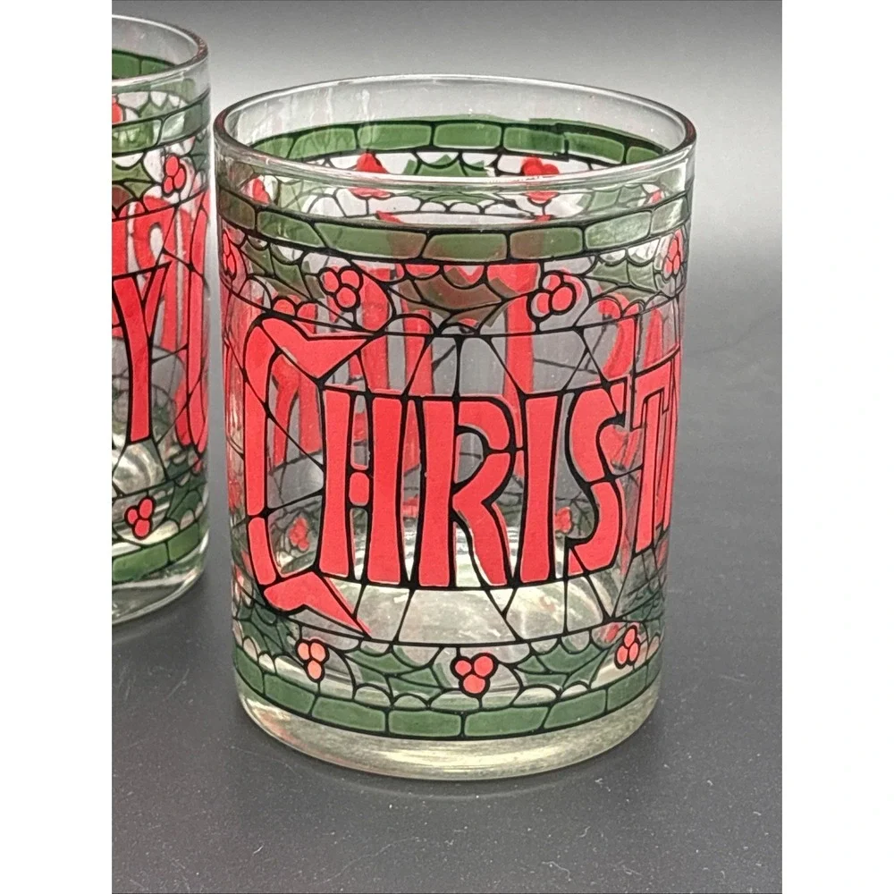 Set of 4 Vintage Cera Houze Merry Christmas Stained Glass Lowball Glasses MCM