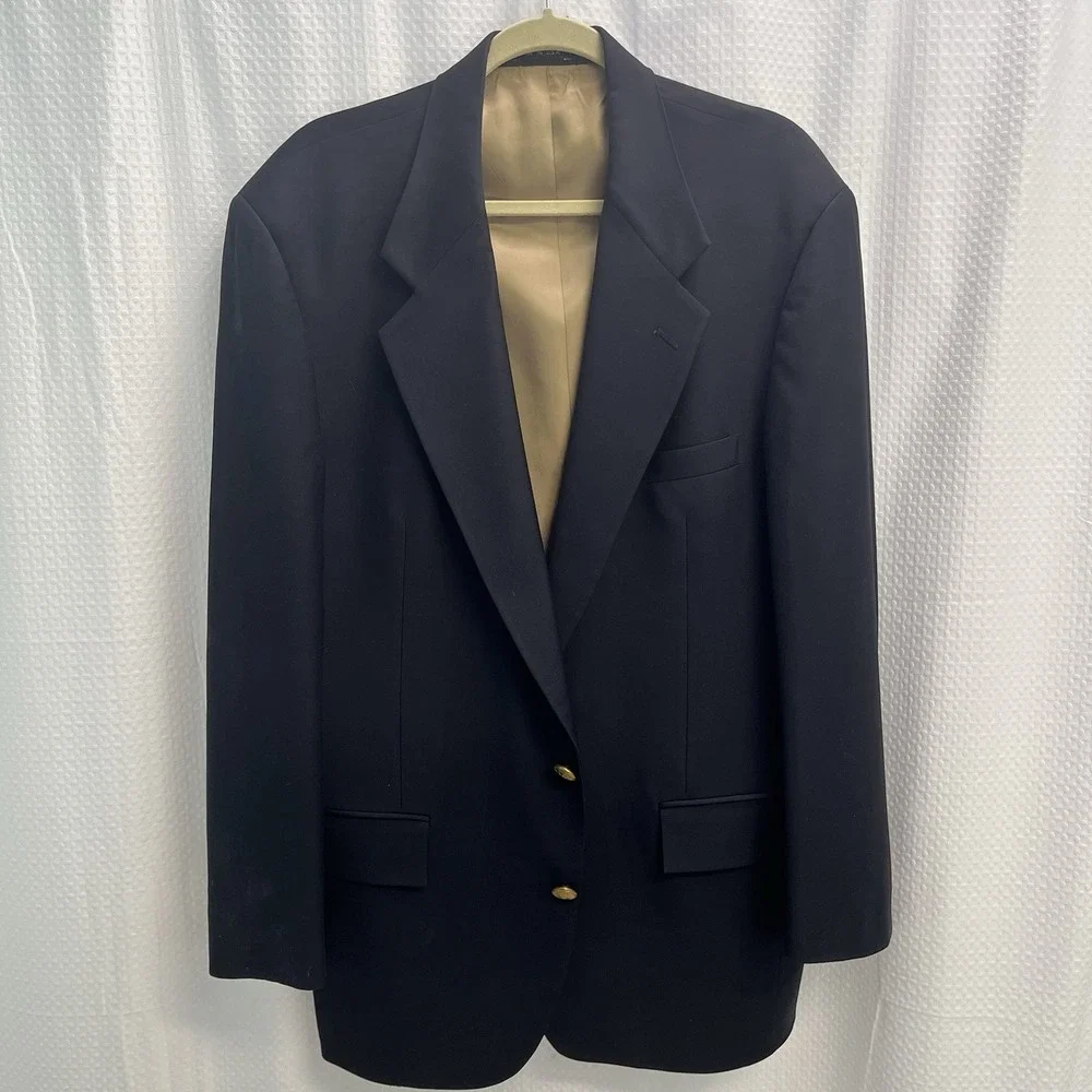 Mark Shale 100% Wool Navy Blue Blazer XL Long Gold Buttons Classic USA