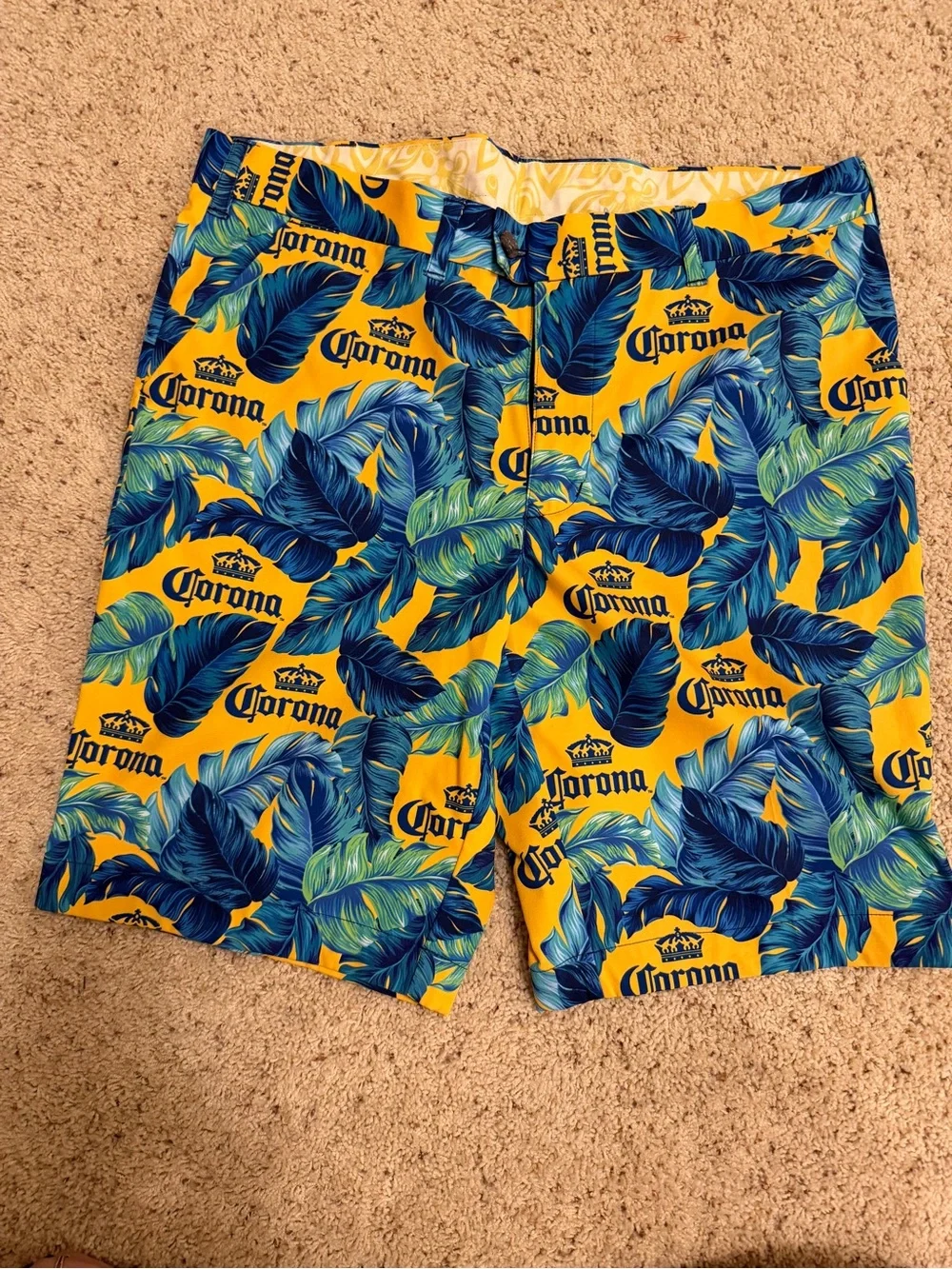 Loudmouth Corona Logo Tropical Shorts 36 waist, 11” inseam