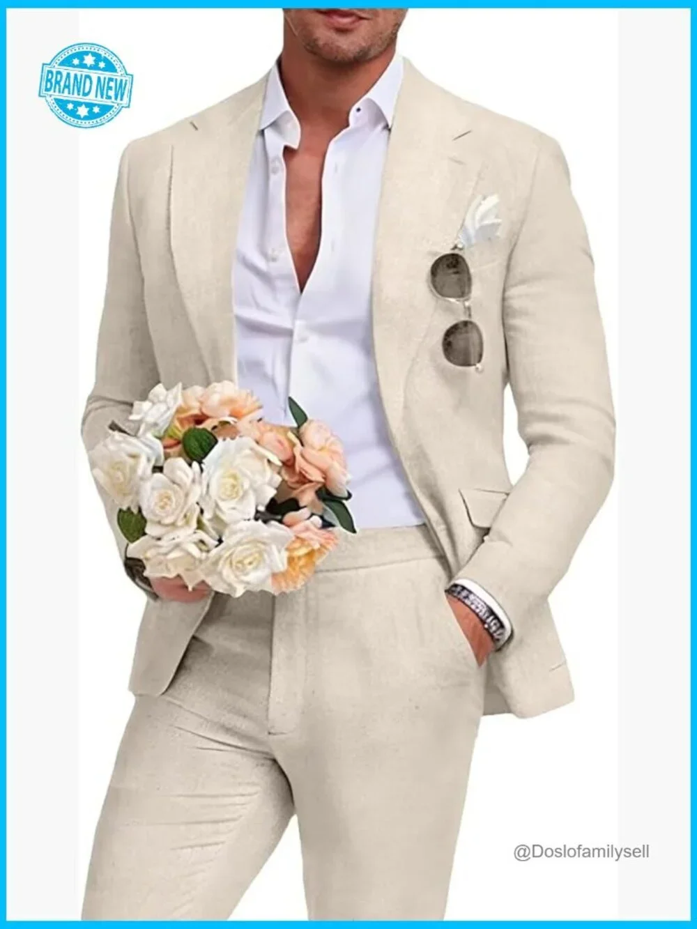 Linen Suit Slim Fit Summer Wedding Prom Party Blazer Pants Classic Elegant