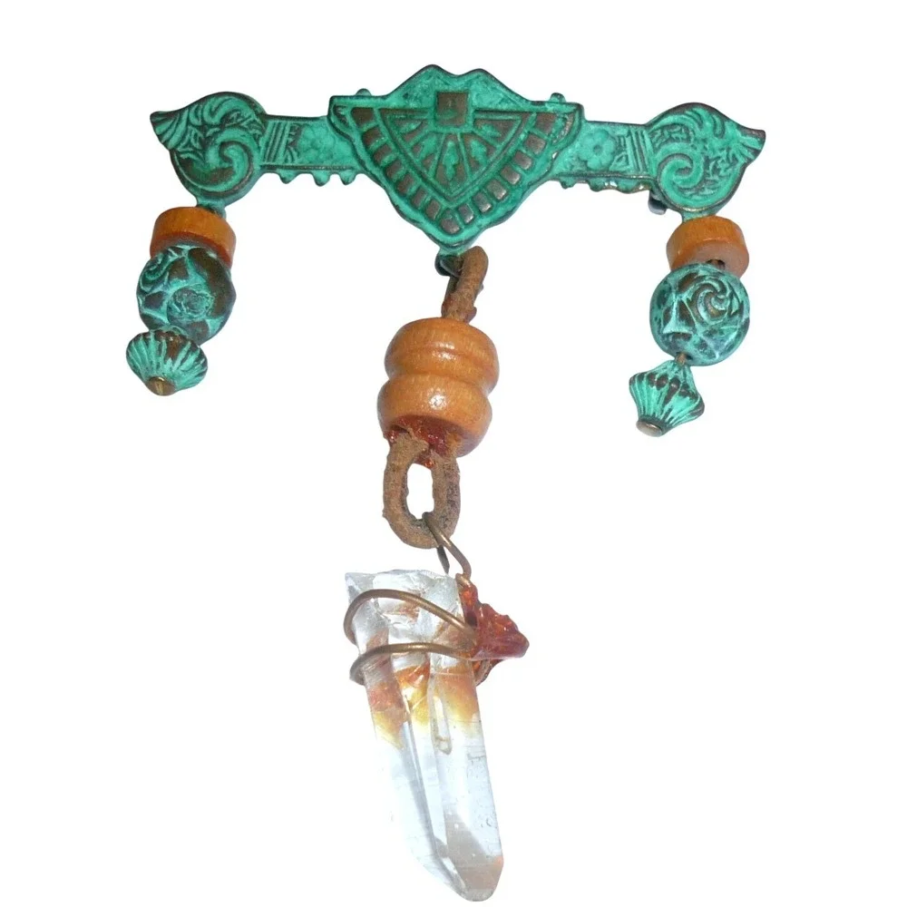 Vintage Southwestern Verdigris Brooch Pin Wire Wrapped Quartz Crystal Point