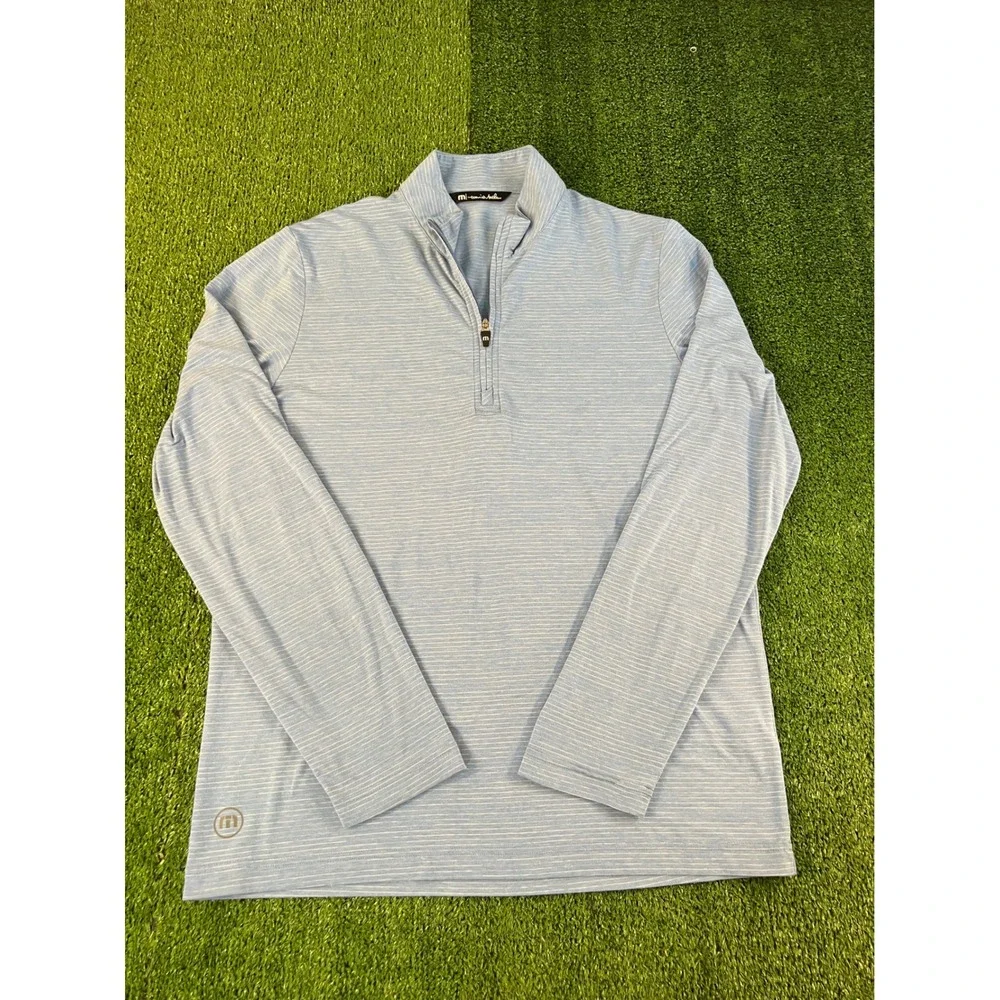 TravisMathew Mens MD Light Blue Striped Quarter Zip Golf Pullover Longsleeve