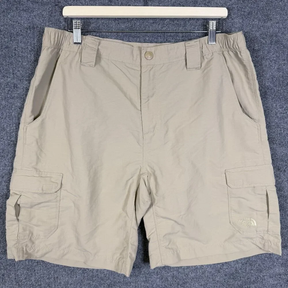 The North Face Mens Cargo Shorts L Tan Khaki Nylon Hiking Outdoor Elastic Waist