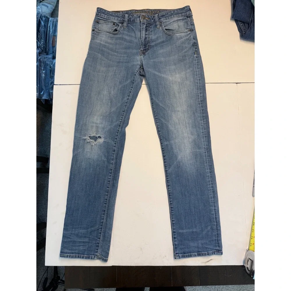 American Eagle 360 Extreme Flex Slim Straight Jeans Mens 31x32 Blue Distressed