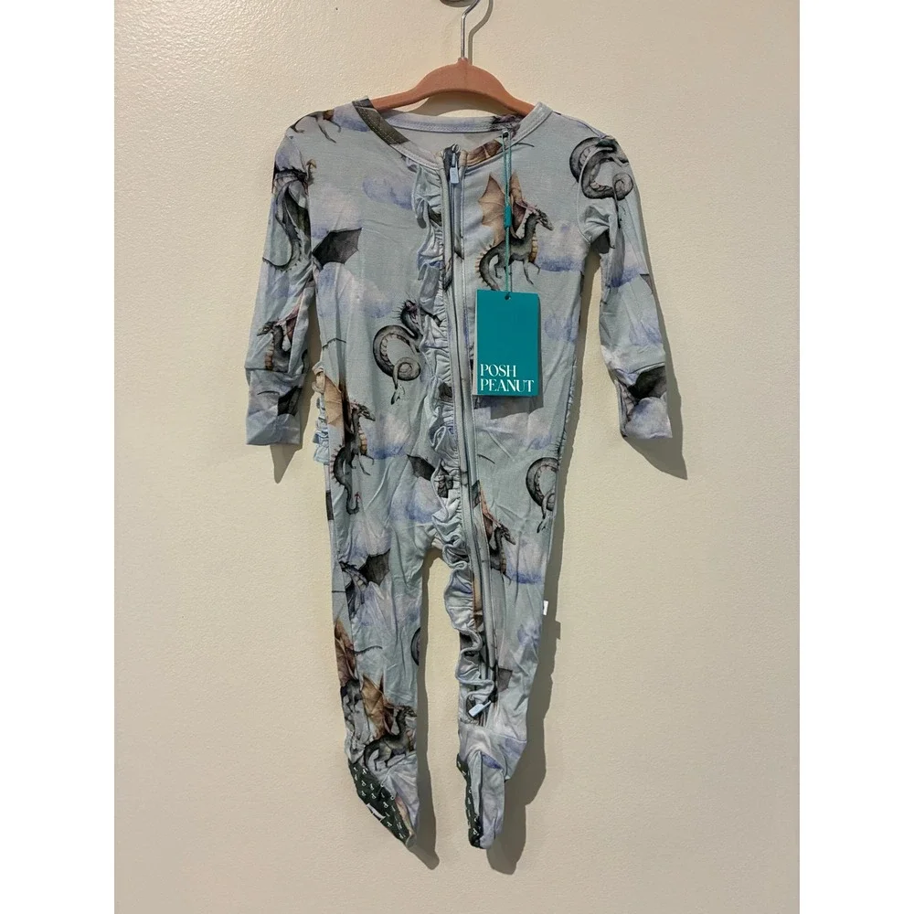 Posh Peanut Percy Dragon Bamboo Ruffle Footie Pajamas Blue 3-6 Months NWT