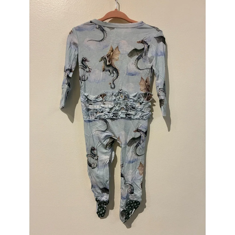 Posh Peanut Percy Dragon Bamboo Ruffle Footie Pajamas Blue 3-6 Months NWT