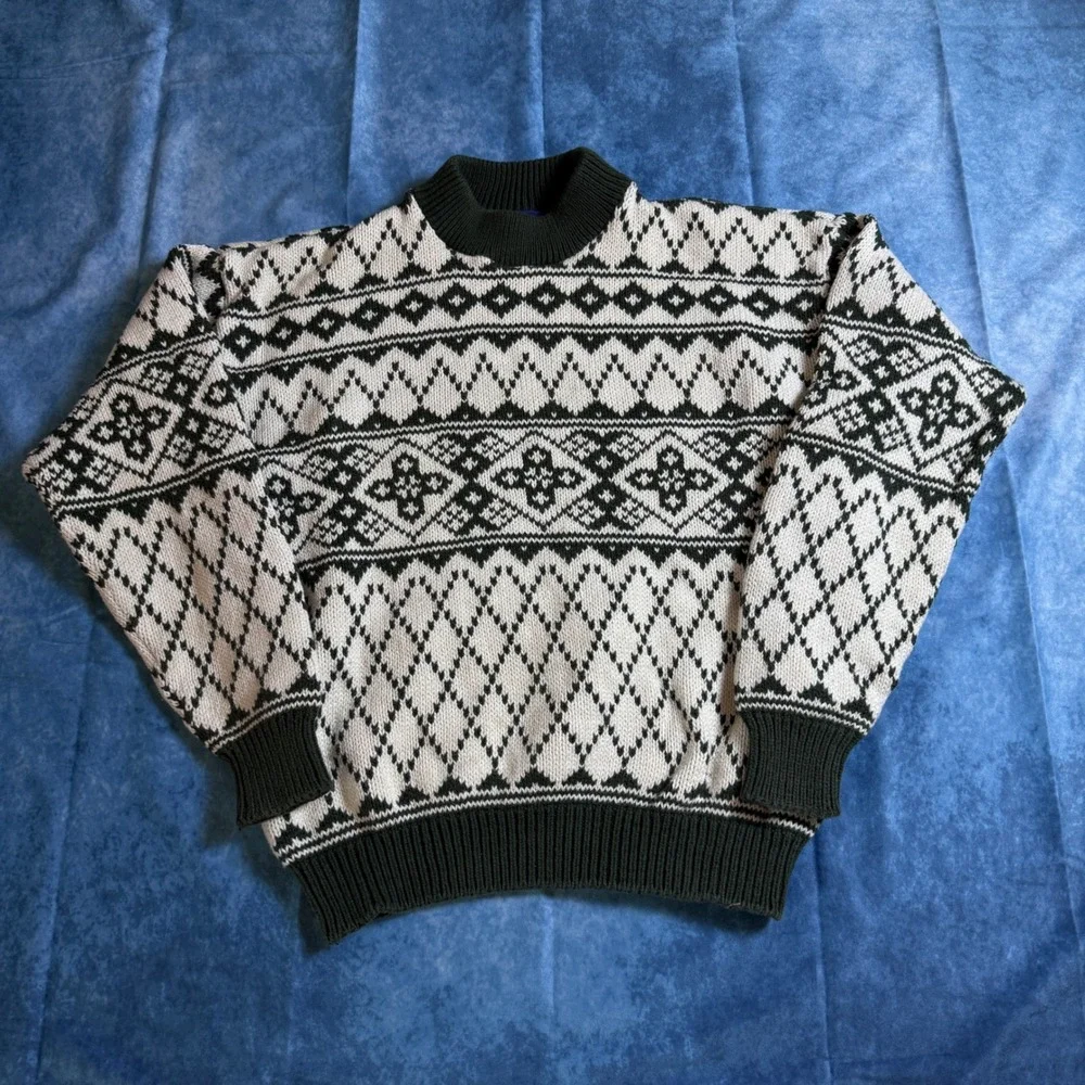 Vintage Woolrich USA Nordic Fair Isle Knit Sweater Green White Men's L
