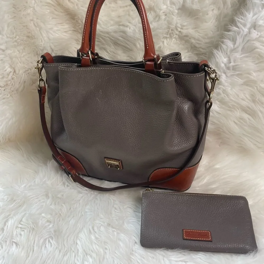 Dooney & Bourke Brenna Gray pebble Leather satchel tanTrim & Strap bonus pouch.