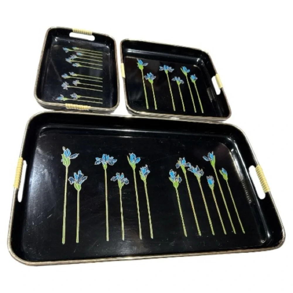 Set of 3 Japanese Lacquerware Nesting Serving Trays Blue Irises Woven Handles