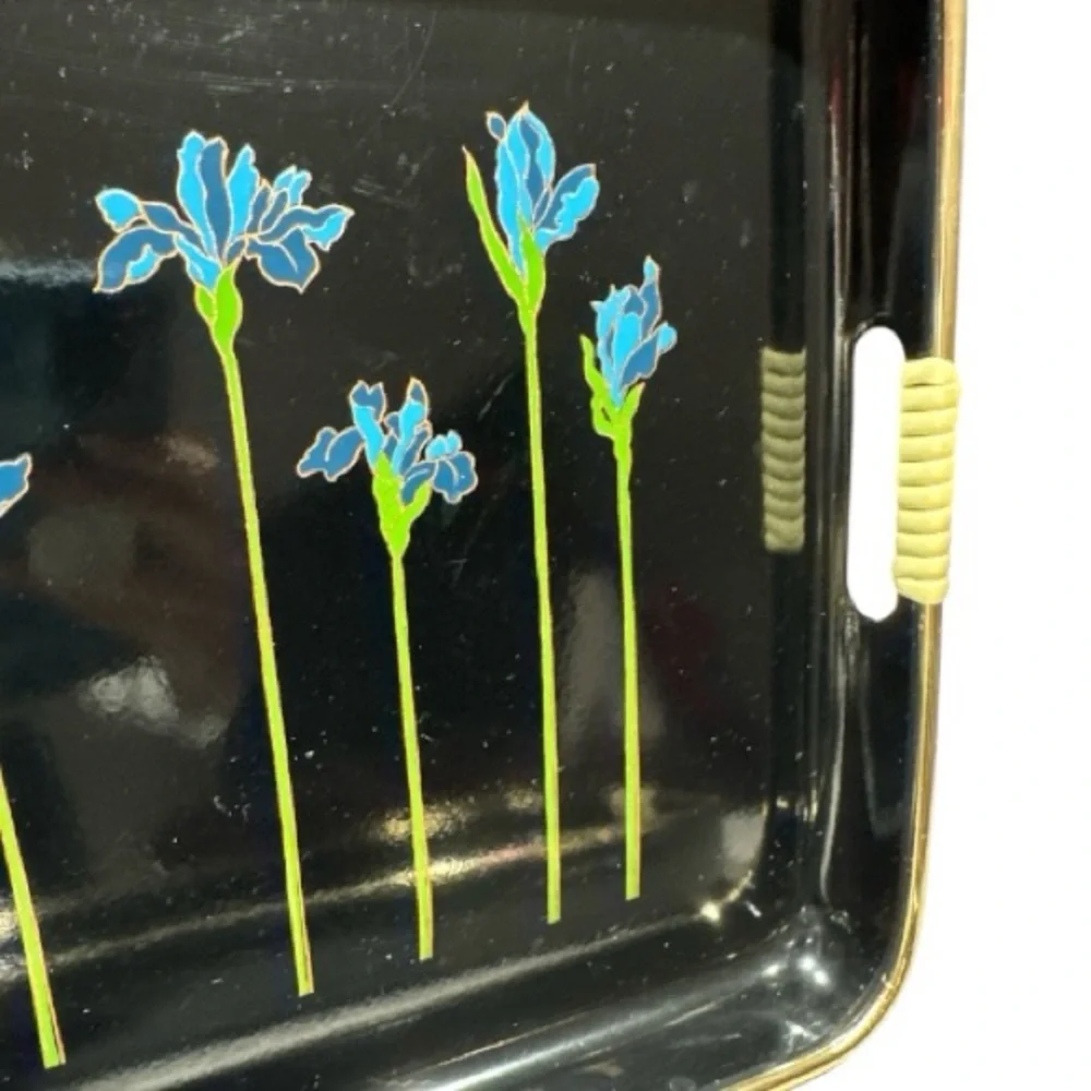 Set of 3 Japanese Lacquerware Nesting Serving Trays Blue Irises Woven Handles