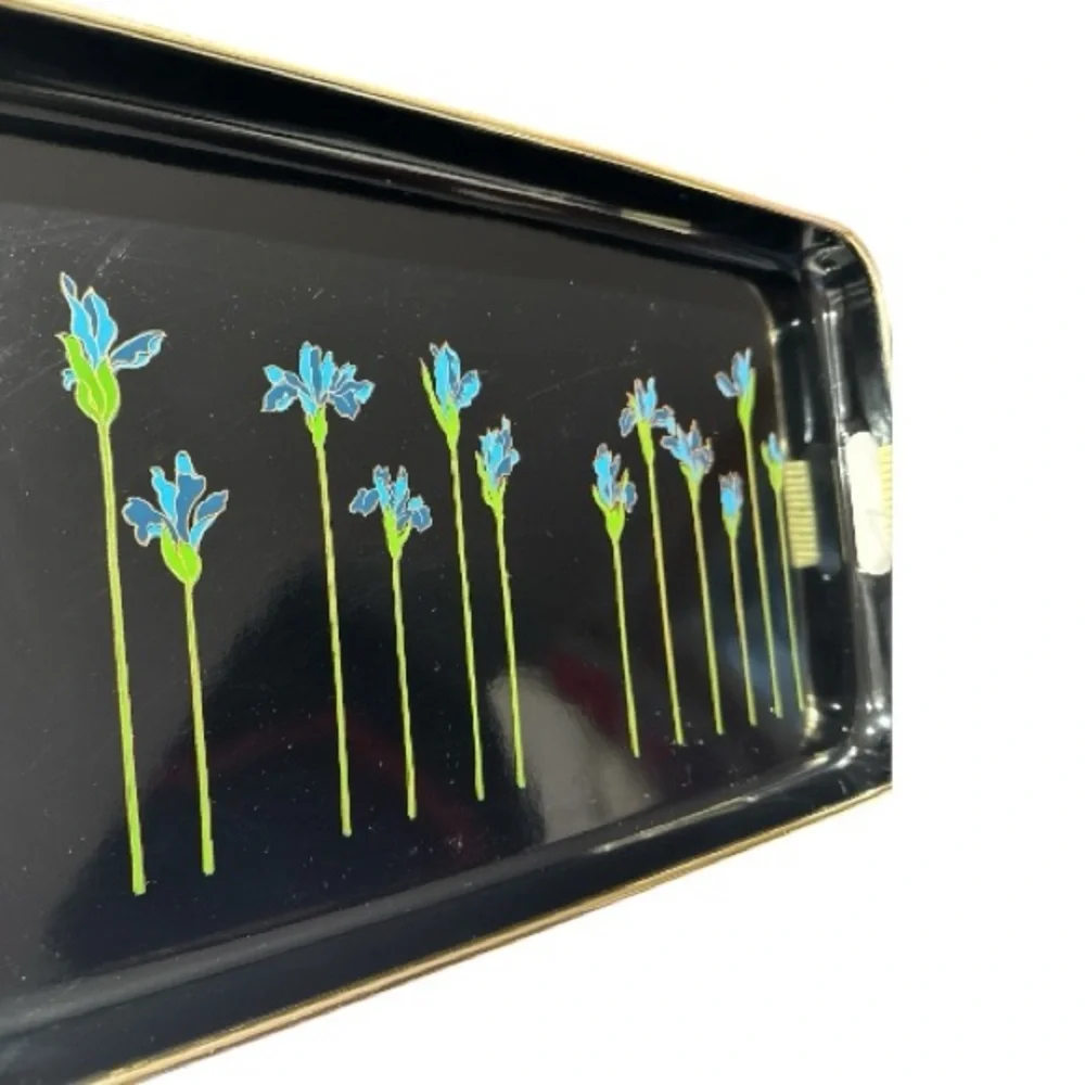 Set of 3 Japanese Lacquerware Nesting Serving Trays Blue Irises Woven Handles