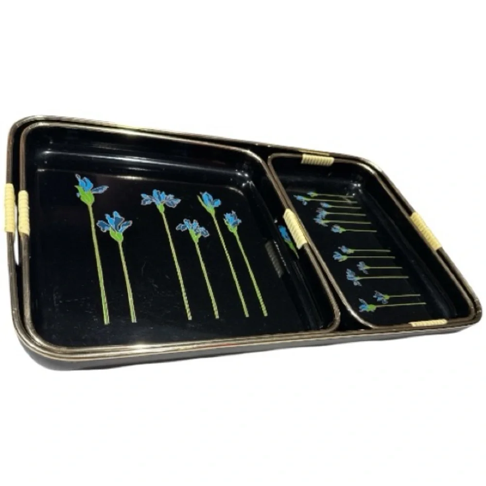 Set of 3 Japanese Lacquerware Nesting Serving Trays Blue Irises Woven Handles