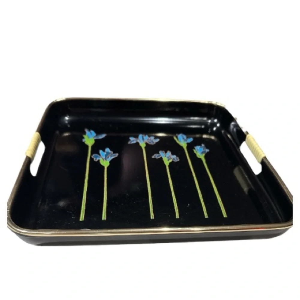 Set of 3 Japanese Lacquerware Nesting Serving Trays Blue Irises Woven Handles