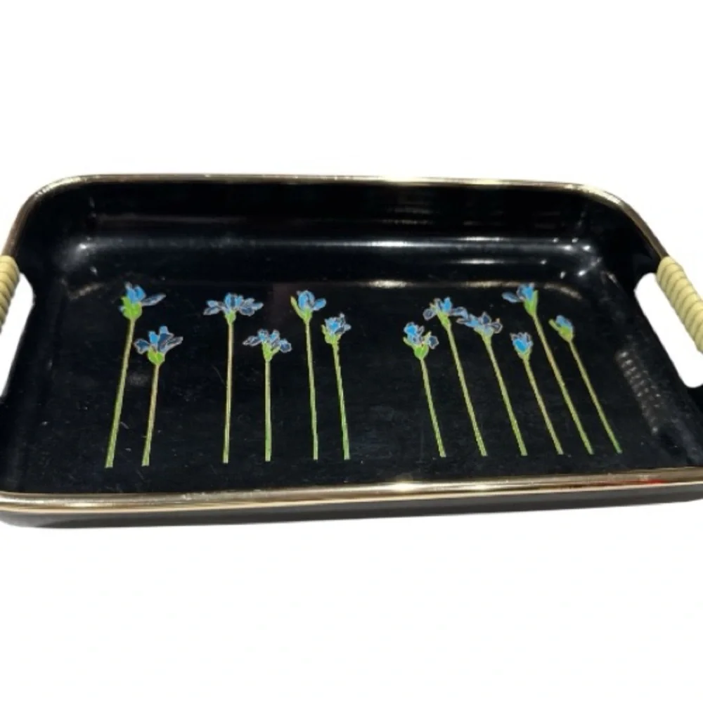 Set of 3 Japanese Lacquerware Nesting Serving Trays Blue Irises Woven Handles