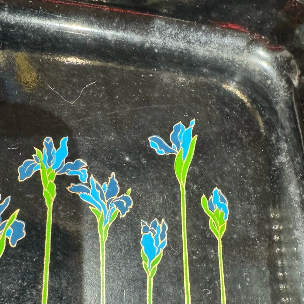 Set of 3 Japanese Lacquerware Nesting Serving Trays Blue Irises Woven Handles