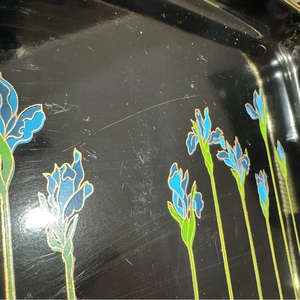 Set of 3 Japanese Lacquerware Nesting Serving Trays Blue Irises Woven Handles