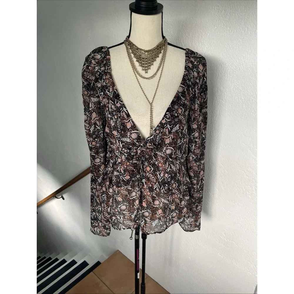 Free People NWOT Uptown Bell Sleeve Tiered Vneck Sheer Black Floral Blouse  S