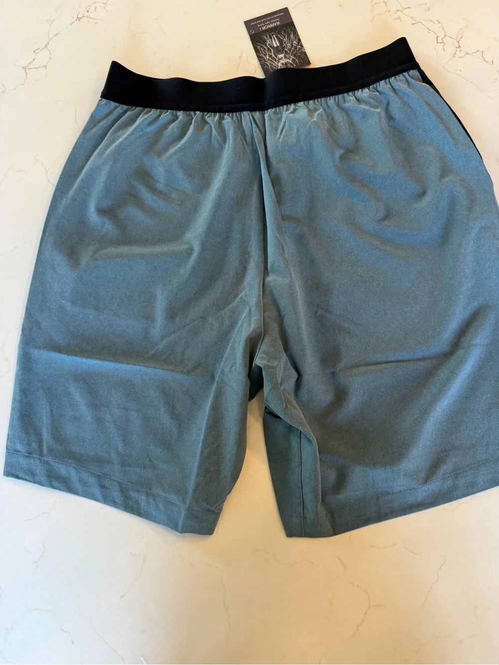 NWT OHMME The Warrior Men's Pilates/Yoga Shorts in Slate Blue Black Waistband MD