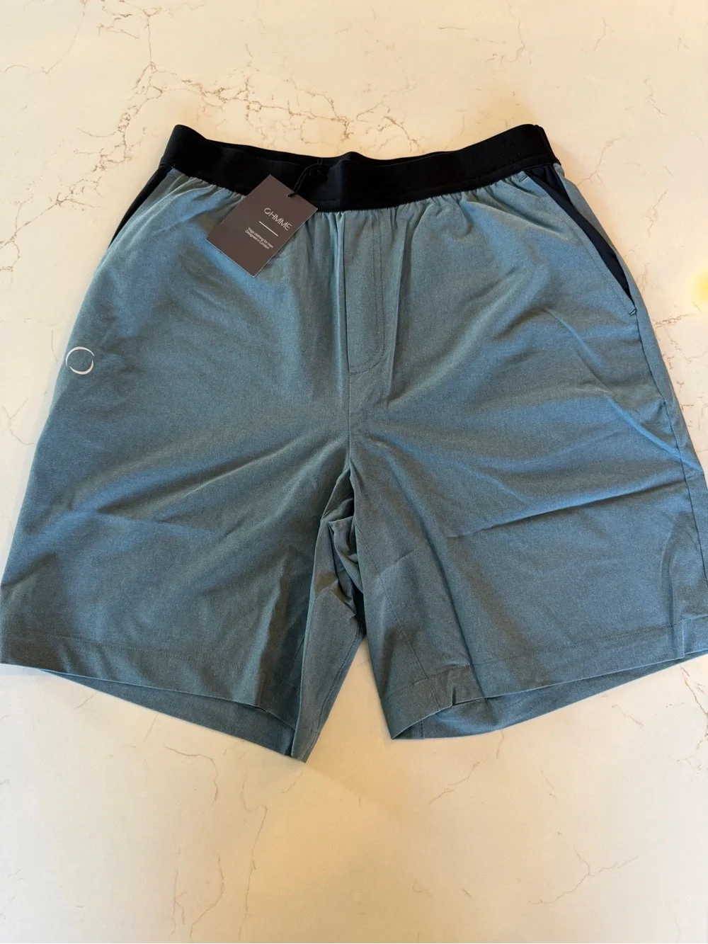 NWT OHMME The Warrior Men's Pilates/Yoga Shorts in Slate Blue Black Waistband MD