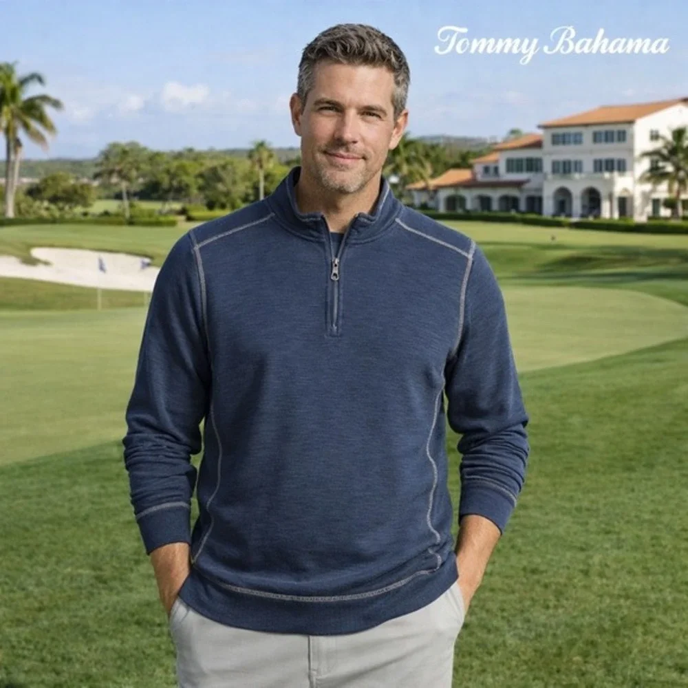 Tommy Bahama Men's L Blue 1/4 Zip Pullover Sweater‎ Golf Resort Coastal Cotton
