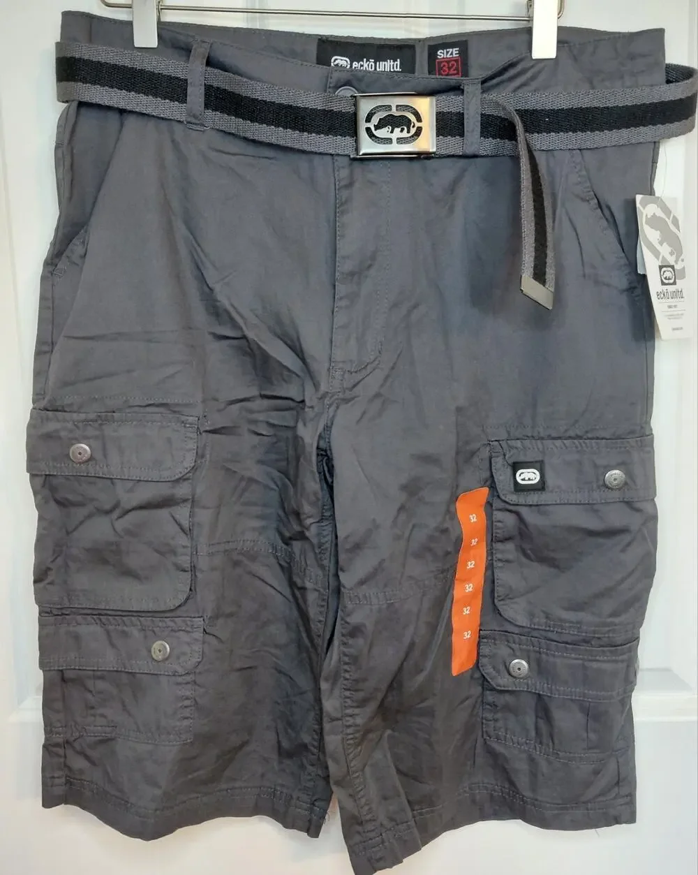 NWT Ecko Unltd Mens Belted Cargo Shorts Charcoal Grey 32 Cotton Twill Utility