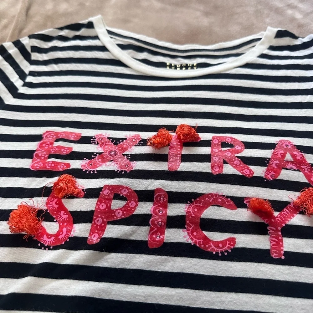 Kate Spade Black and White Striped Tee with Red 'Extra Spicy' Design M
