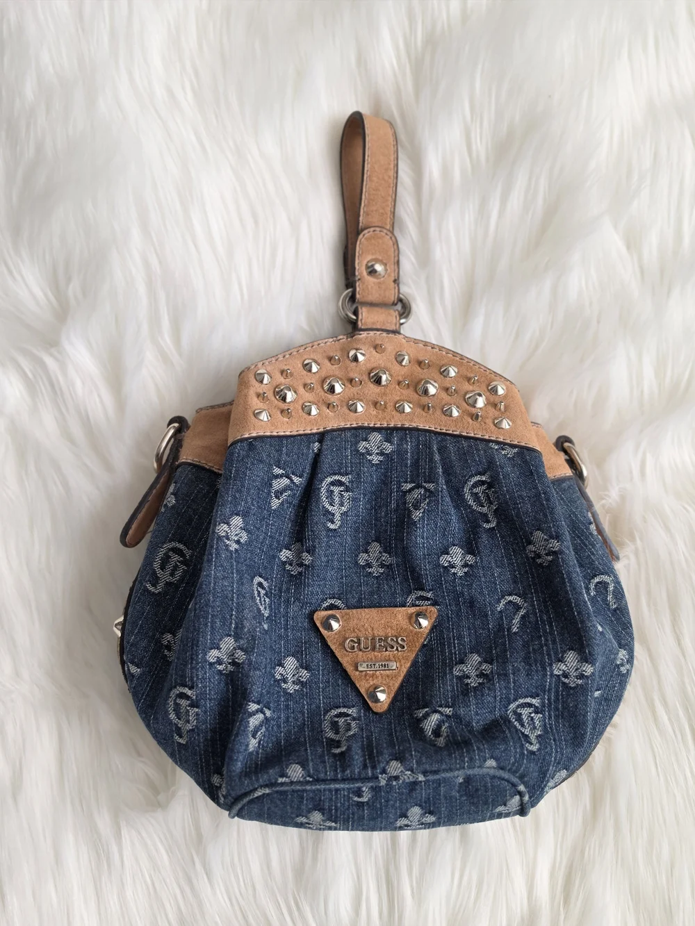 GUESS Blue Monogram Denim & Tan Studded Purse