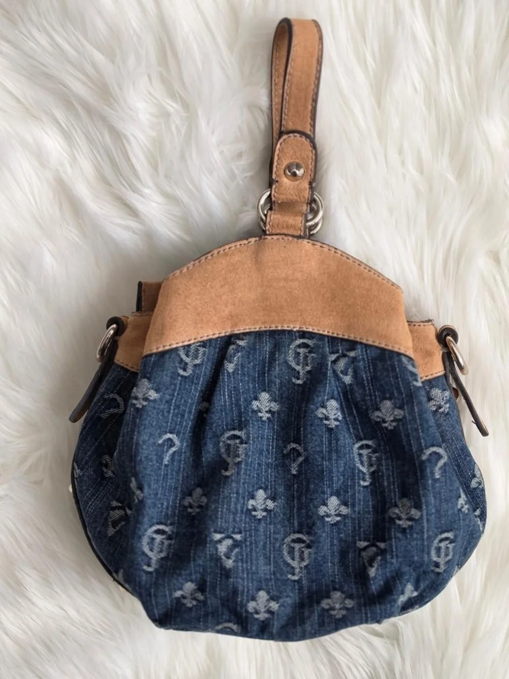 GUESS Blue Monogram Denim & Tan Studded Purse