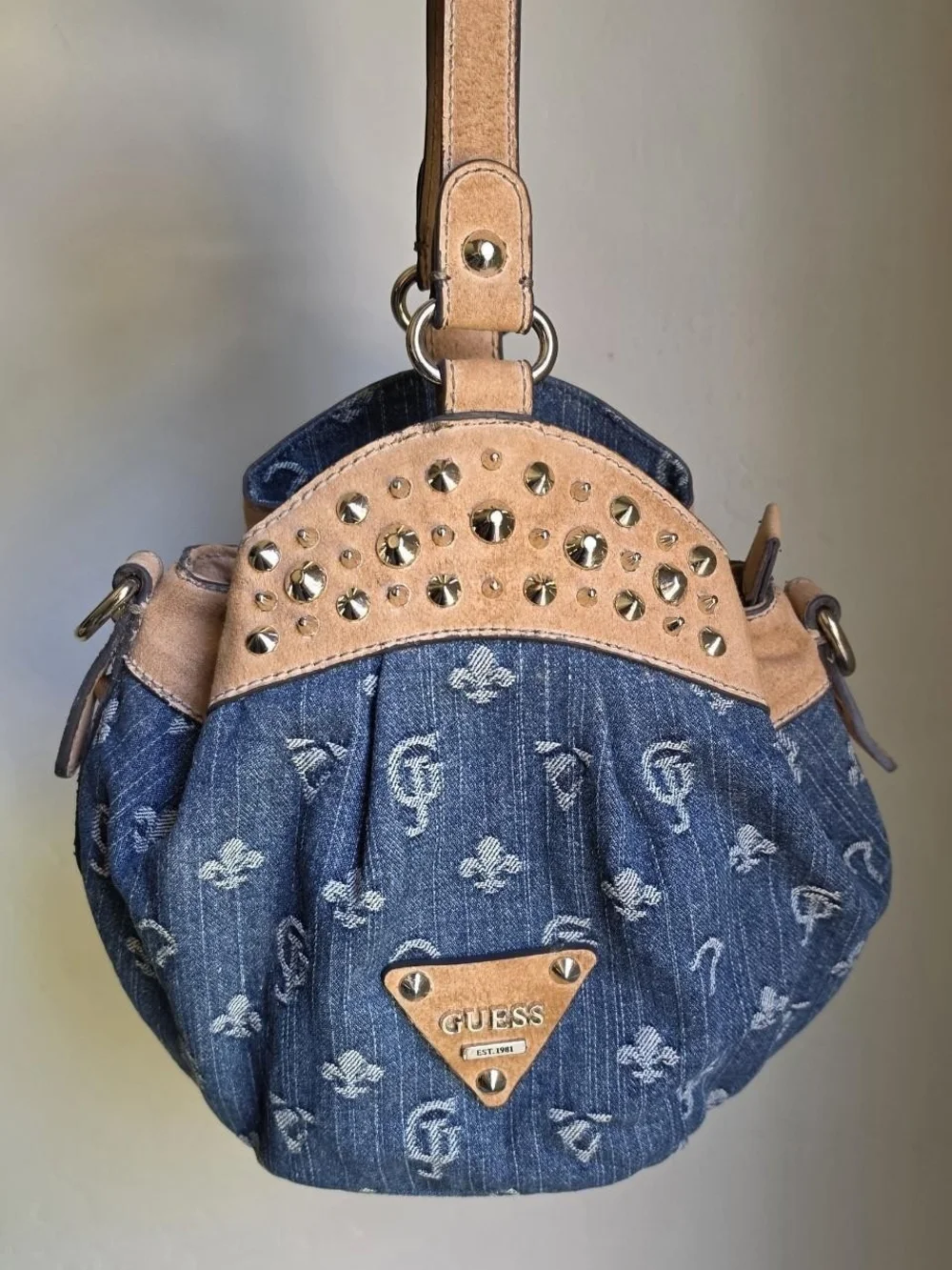 GUESS Blue Monogram Denim & Tan Studded Purse