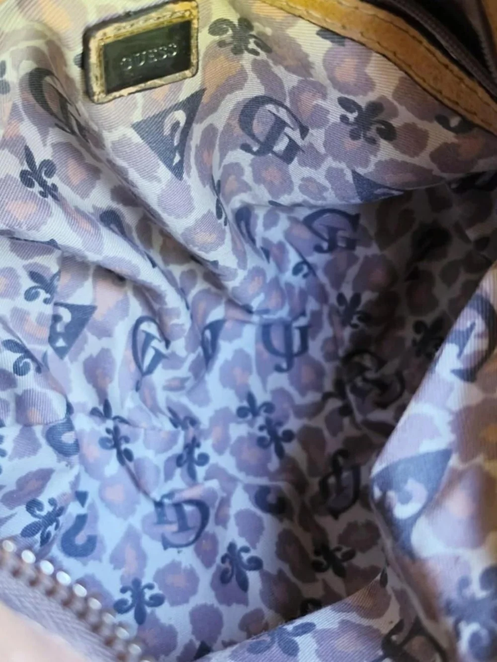 GUESS Blue Monogram Denim & Tan Studded Purse