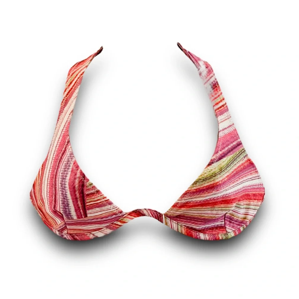 Frankie's Bikinis Multicolor Pink Red Stripe Halter Bikini Top