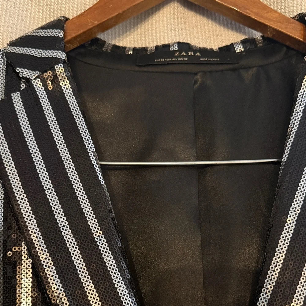 Zara Black and Silver Striped Sequin Blazer