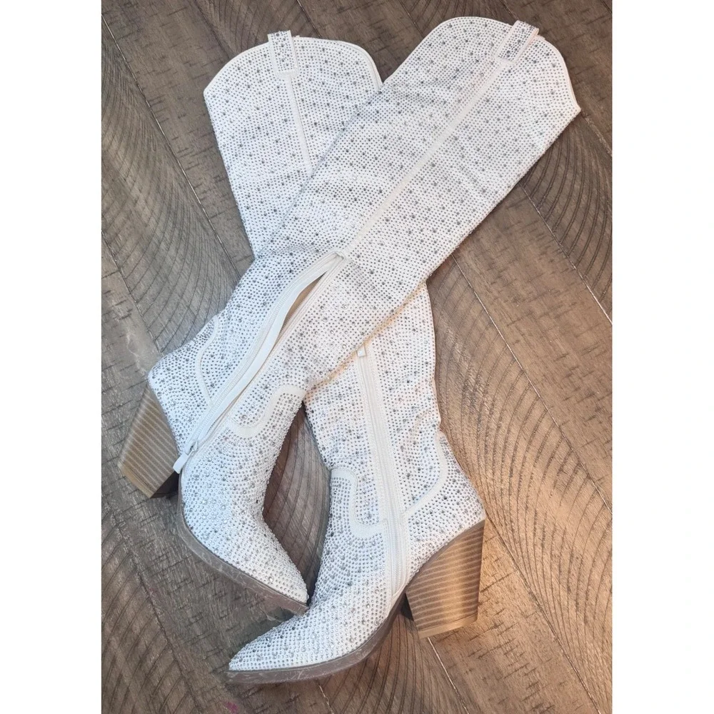 Forever White Rhinestone Over The Knee Western Cowgirl Boots Pointed Toe Heel 9