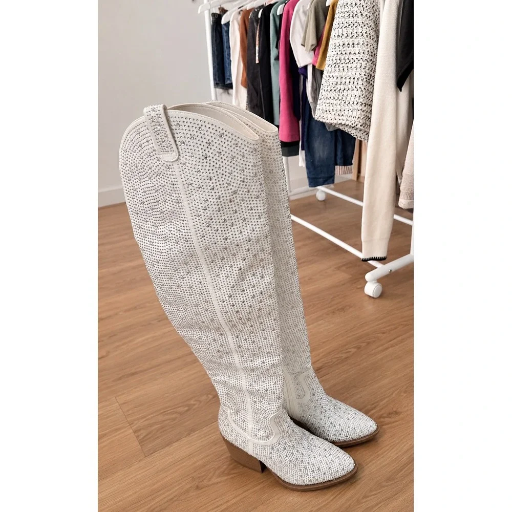 Forever White Rhinestone Over The Knee Western Cowgirl Boots Pointed Toe Heel 9