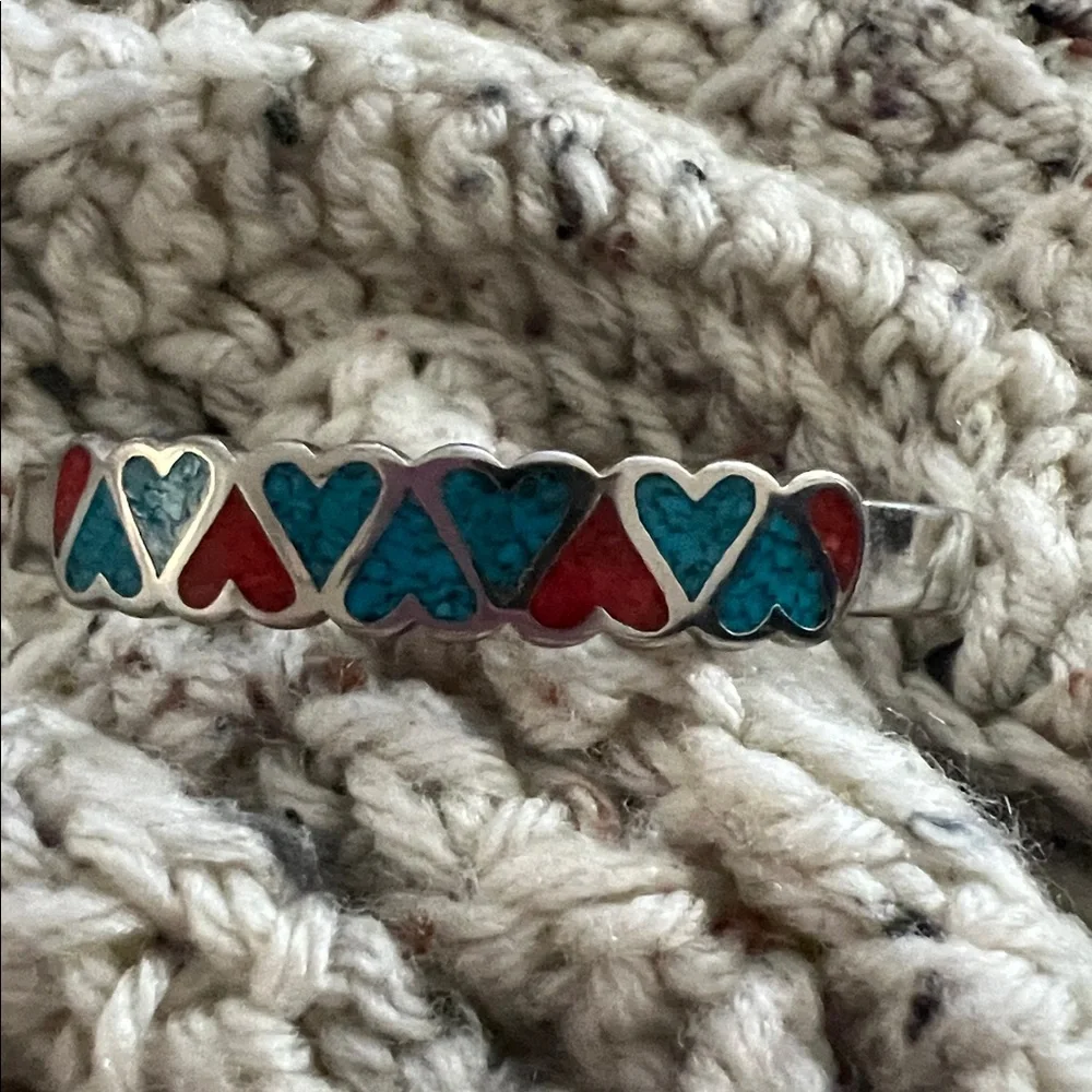 Native American Sterling Silver Zuni Heart Cuff  Bracelet with Turquoise
