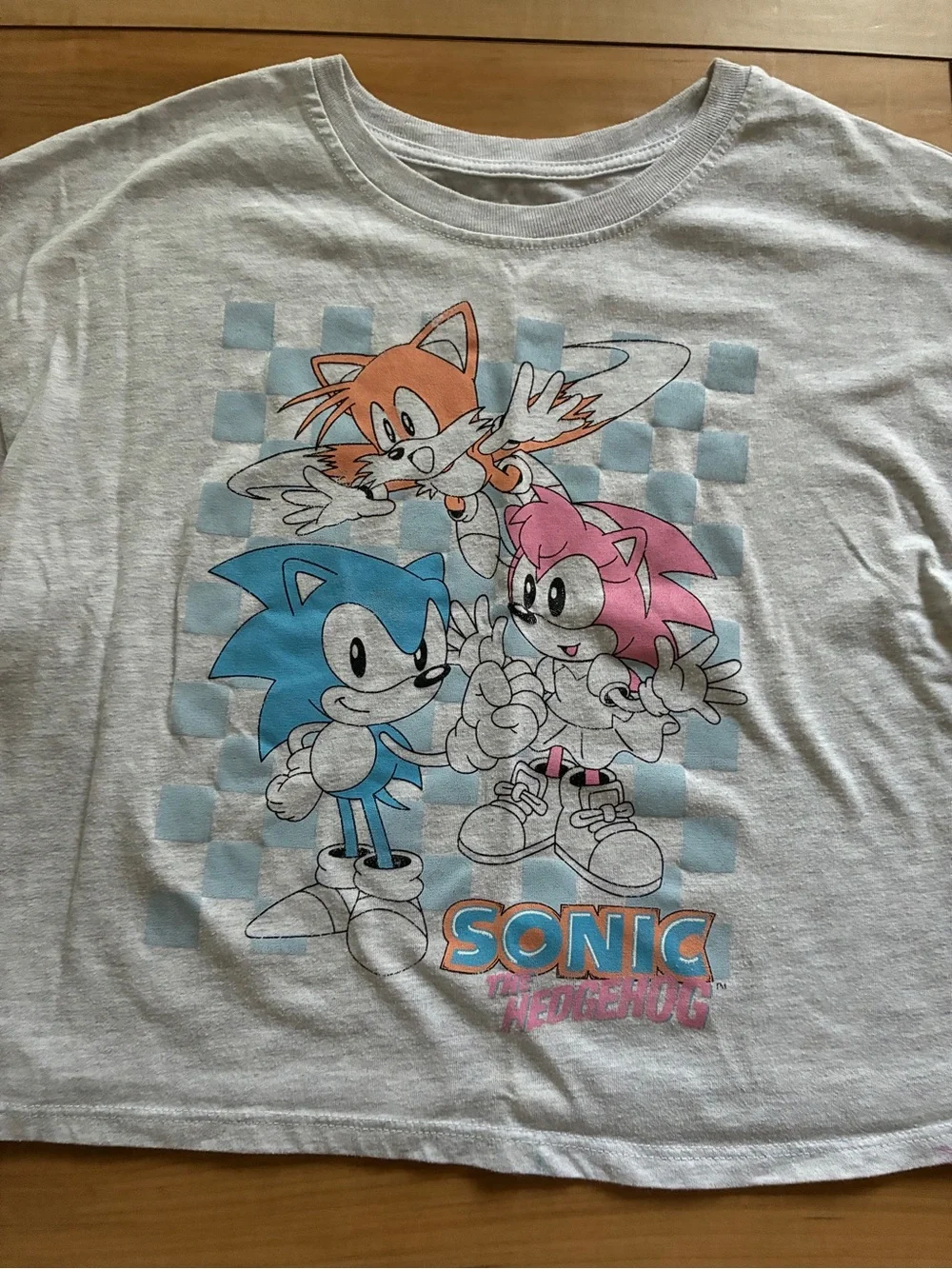 Sonic Characters Short Sleeve Tee - Light Gray with Blue & Pink Art