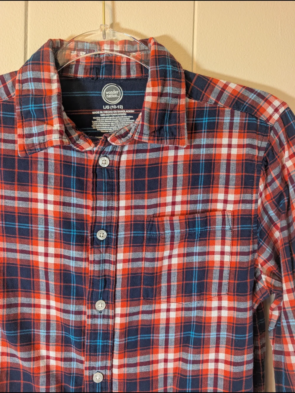 Wonder Nation Boys Plaid Button Front Shirt Red Blue Cotton Size Large 10-12