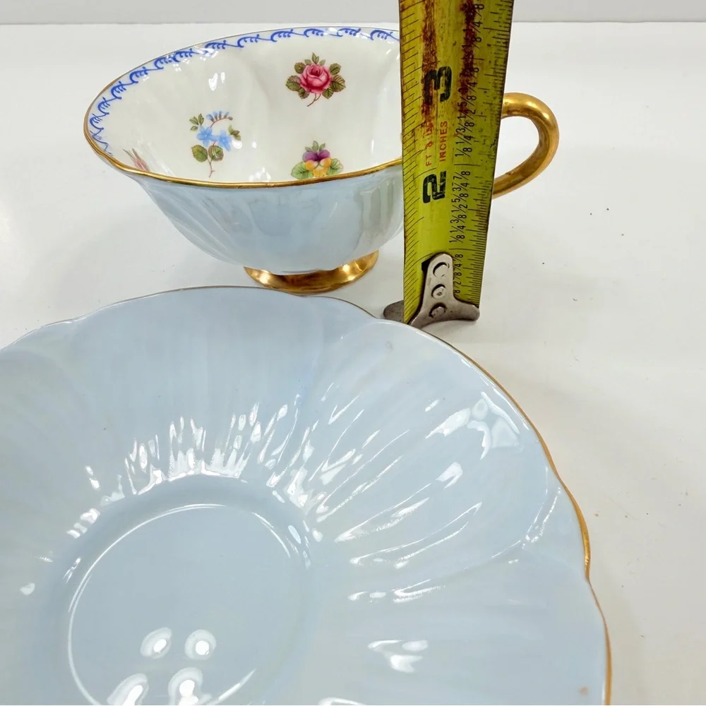 Shelley English Fine Bone, Oleander Shape Floral Blue‎ Teacup Cup & Saucer 13528