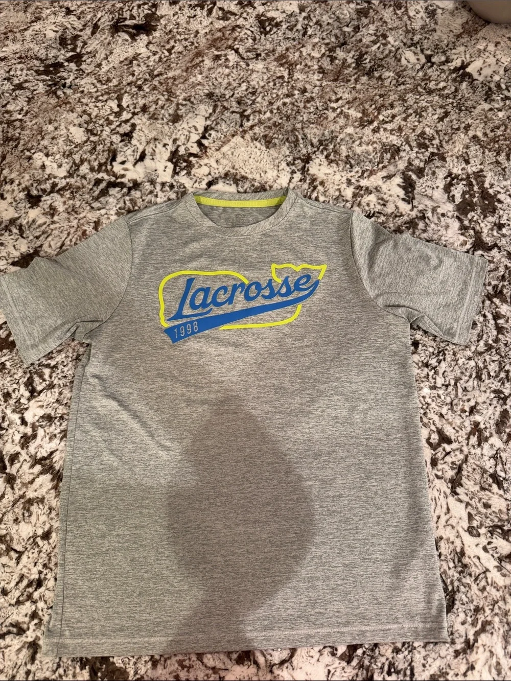 Vineyard Vines Kids Gray Performance Tee with Yellow and Blue Lacrosse Graphic