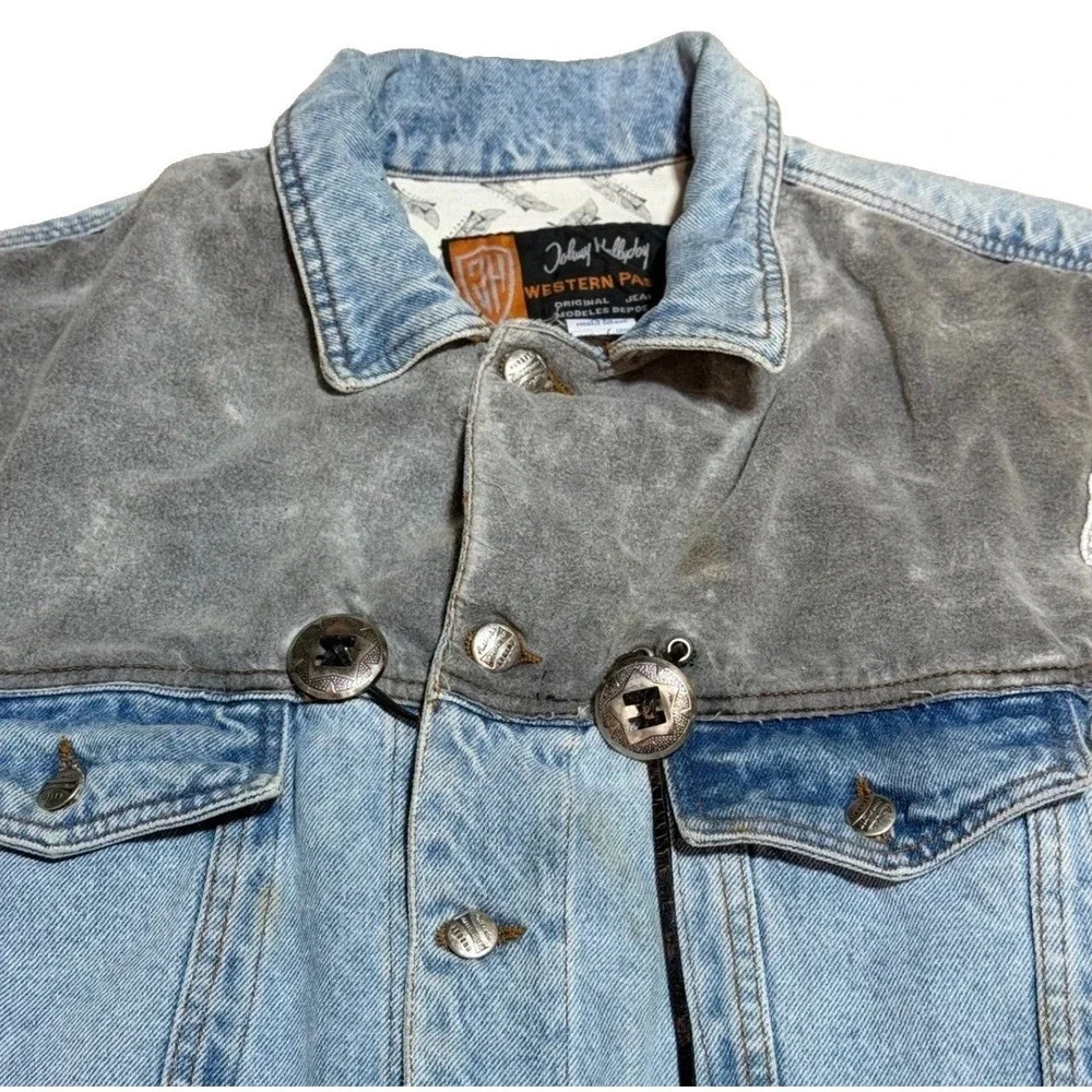 Johnny Hallyday Western Passion Vest XL Southwestern Beaded Denim Suede Blue