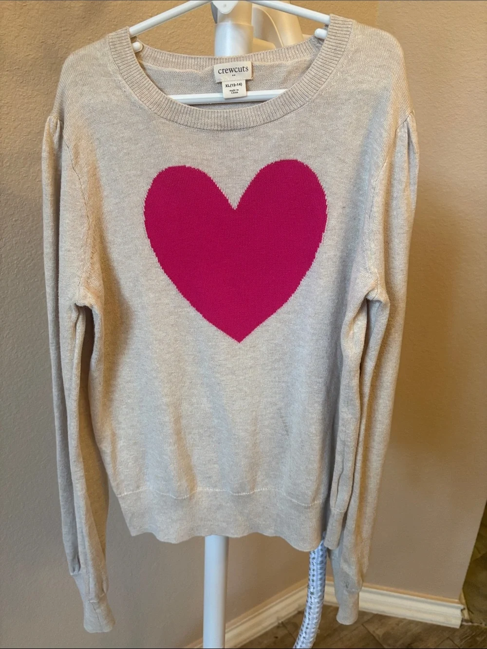 Crewcuts Beige Sweater with Bright Pink Heart Graphic